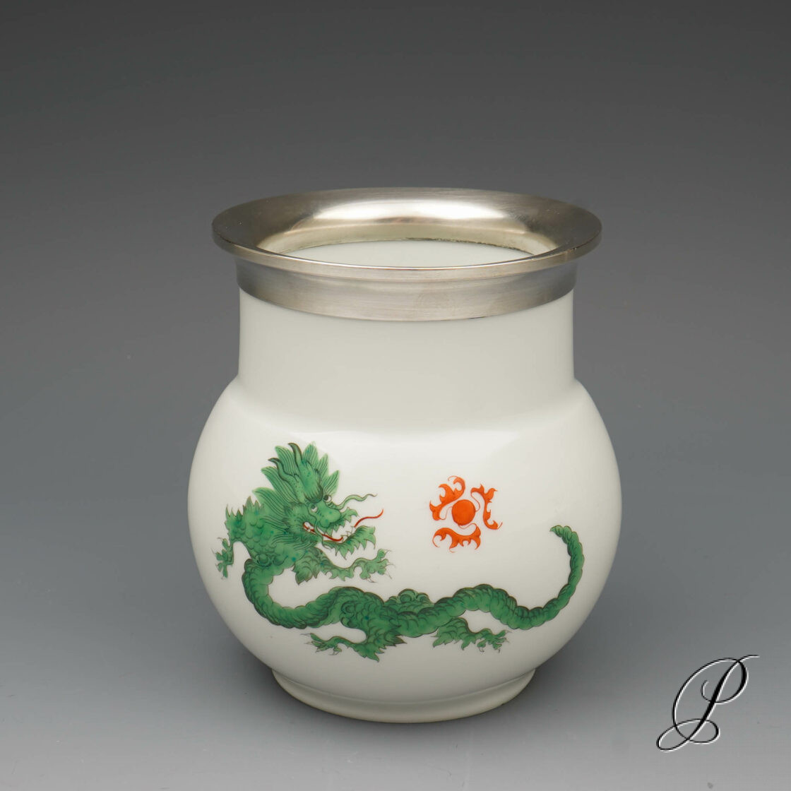 Vase Meissen um 1940 Jhd Mingdrache grün mit 800 Silbermontur